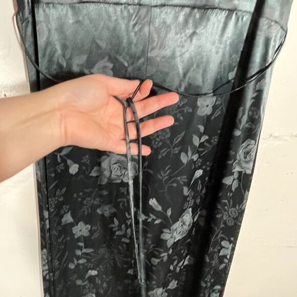 Vintage Dark Teal Satin Maxi Dress Floral Empire Waist Tie Back Sleeveless Sz 10 - Picture 5 of 11